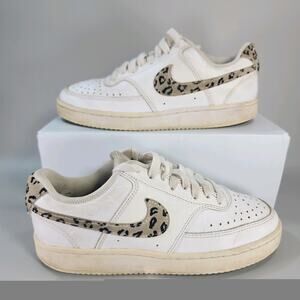 Women's Nike Court Vision Low Sz 6 011598 White Leather Leopard Casual Sneakers